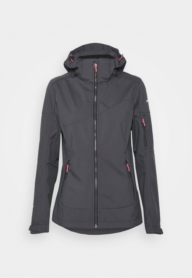 Veste softshell à capuche gris foncé avec fermeture éclair devant et tirettes roses sur les poches avant et la poche de manche.