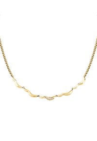 Collana in tonalità oro con anelli ondulati e un accento centrale decorato con piccole gemme trasparenti, creando un design liscio e strutturato.