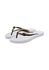 Metaliczne brązowe klapki z dekoracyjnymi akcentami w postaci kamieni szlachetnych, z teksturowanym paskiem i białymi gumowymi podeszwami, przeznaczone do codziennego użytku.