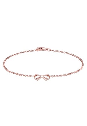 Bracelet délicat en or rose avec un petit élément central en forme de nœud creux et une fermeture à mousqueton.