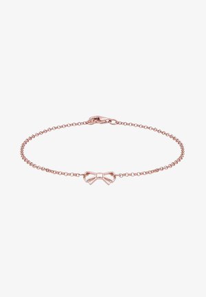 Bracelet délicat en or rose avec un petit élément central en forme de nœud creux et une fermeture à mousqueton.