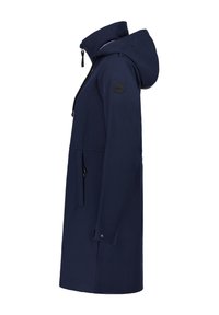 Manteau long à capuche bleu marine avec fermeture éclair sur le devant, poches latérales, poignets de manches réglables et patch logo rond sur le haut du bras.