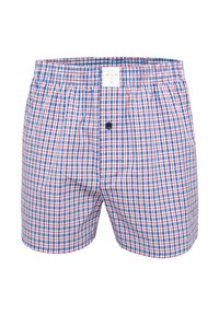 Blue, red, and white plaid men's boxer shorts with elastic waistband and a black button on the front fly.