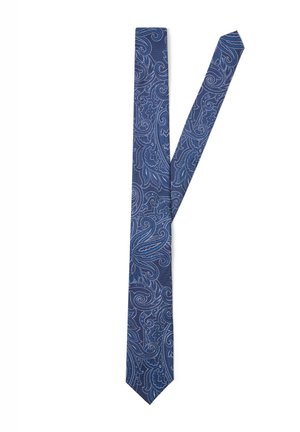 Blue necktie with light blue intricate paisley and floral patterns on a white background, displayed flat and unfolded.