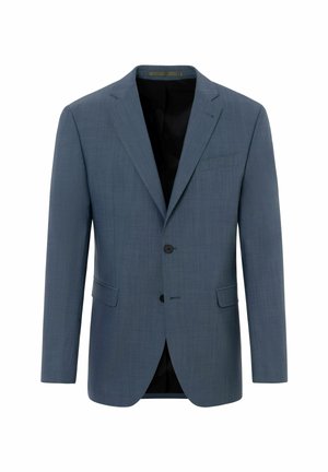 Lichtblauw colbert van gladde stof, met een notch-pante en twee voorzakken, en een enkele knoopsluiting.