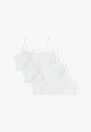 Drei weiße Baumwoll-Bralettes mit verstellbaren, dünnen Trägern und weichem, nahtlosem Design. Glatte Textur, keine sichtbaren Muster oder Beschläge.