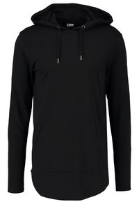 Černá mikina s kapucí a dlouhými rukávy, přední kapsou a zlatými detaily na šňůrkách. Hladká textilie.