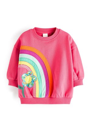 Pink børnesweatshirt med ribkant ved ærmer og bund, med farverig regnbue og blomsterapplikation på venstre forside.