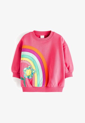 Pink børnesweatshirt med ribkant ved ærmer og bund, med farverig regnbue og blomsterapplikation på venstre forside.