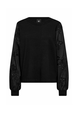 Čierny dlhý rukáv so všitou jednofarebnou pletenou časťou a priehľadnými nafúknutými rukávmi, zdobenými čiernymi kvetinovými flitrami a rebrovanými manžetami.