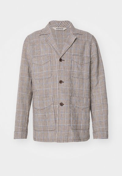 Lightweight brown plaid jacket with two front pockets, three brown buttons, notched collar, and a textured fabric finish.