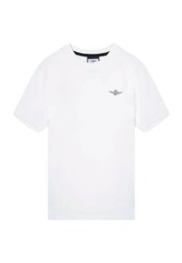 T-shirt bianca in cotone con maniche corte, colletto a giro, e un piccolo logo di ali ricamato sul lato sinistro del petto. Texture liscia, vestibilità casual.