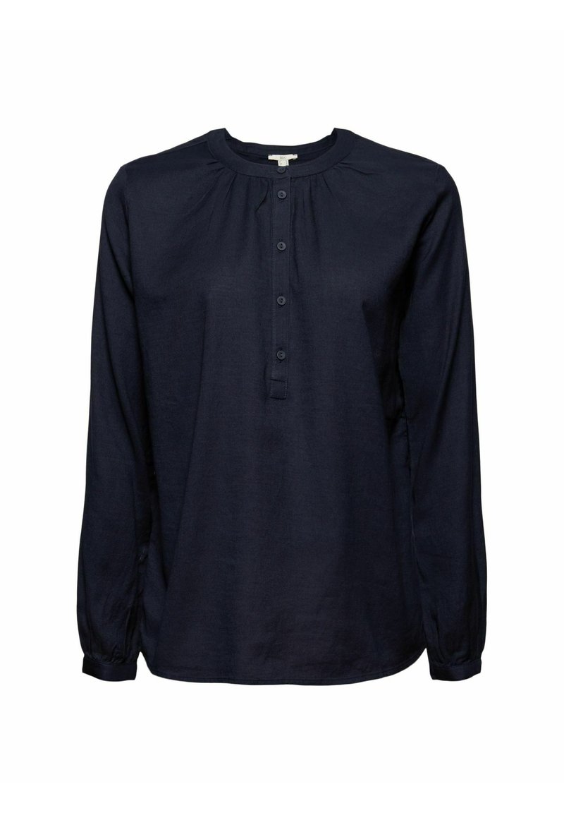 Dunkelblaues Langarmshirt mit Rundhalsausschnitt, Knopfverschluss und Raffung an den Schultern. Weicher Stoff mit glatter Textur.