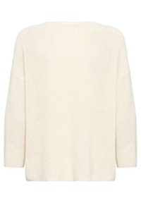 Knit sweater in off-white featuring a loose fit, dropped shoulders, and a plain texture, with a straight hem and three-quarter length sleeves.