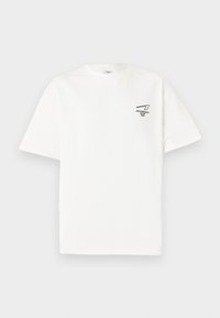 White cotton t-shirt with short sleeves, crew neck, and a printed black logo on the left chest. Simple and straight-cut design.