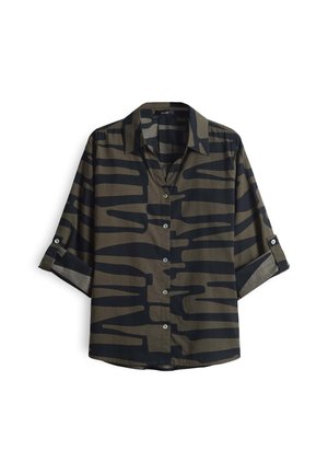 Camo-patterned shirt in dark green and black, featuring a buttoned front, collar, and rolled sleeves. Soft fabric with a smooth texture.