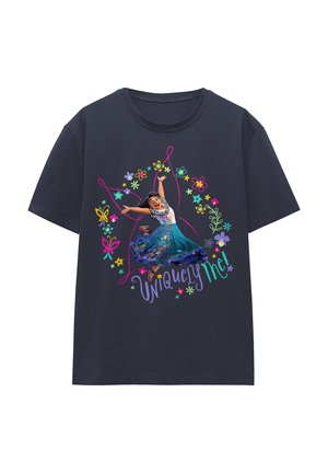 Navy cotton t-shirt featuring a colorful print of a dancing character surrounded by flowers and butterflies, with the text "Uniquely Me!"