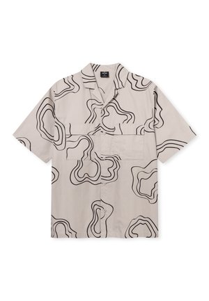 Košeľa s krátkymi rukávmi vyrobená z hladkej tkaniny, so béžovým pozadím a abstraktnými čiernymi líniovými vzormi, doplnená o vrecko na prsiach.