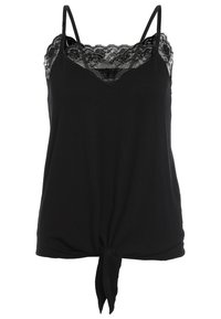 Camisola nera senza maniche con pizzo lungo il colletto e le spalle, dotata di un nodo a cravatta sul bordo anteriore.