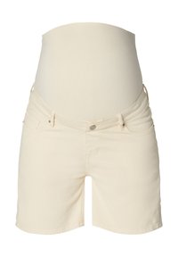 Beige Schwangerschaftsshorts mit einem dehnbaren Bund über dem Bauch, ausgestattet mit einem klassischen Fünf-Taschen-Design und subtilen Stickdetails.