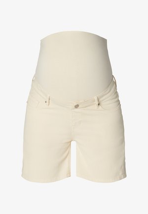 Beige zwangerschapsshorts met een elastische tailleband boven de buik, met een klassiek vijf-pocket ontwerp en subtiele stikdetails.