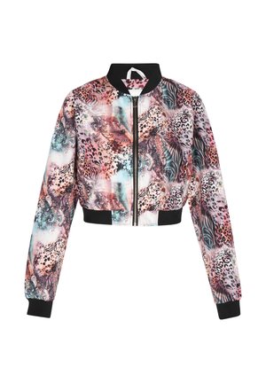 Kurze Bomberjacke mit einem mehrfarbigen Tierdruckdesign, schwarzen Rippbündchen und Kragen, aus leichtem Material gefertigt.