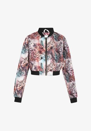 Zkrácená bomberka s multiobrazcovým zvířecím potiskem, černými žebrovanými manžetami a límcem, vyrobená z lehké tkaniny.