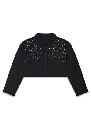 Camicetta nera a maniche lunghe cropped con chiusura a bottoni, colletto a punta e piccoli cristalli argentati sparsi sul pannello anteriore superiore.
