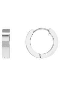 Orecchini a cerchio in argento con finitura lucida. Presentano una forma circolare liscia e un design minimalista. La vista laterale mette in risalto lo spessore.