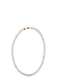 Metal halskæde med skiftende rosaguld- og sølvled, med en glat overflade og en sikker lukning.