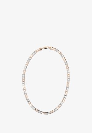 Collana in metallo con maglie alternate in rosè e argento, caratterizzata da una texture liscia e un dettaglio di chiusura sicura.