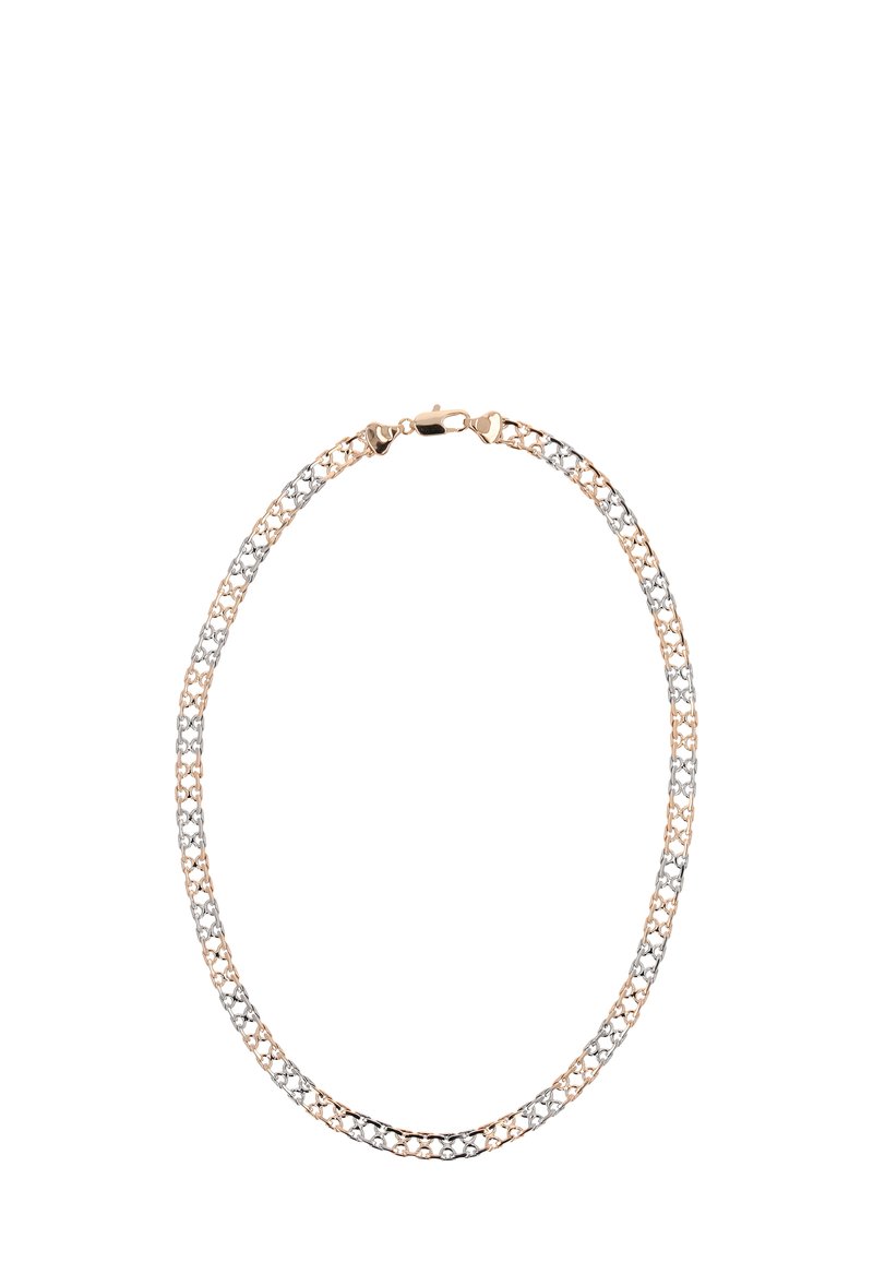 Metal halskæde med skiftende rosaguld- og sølvled, med en glat overflade og en sikker lukning.