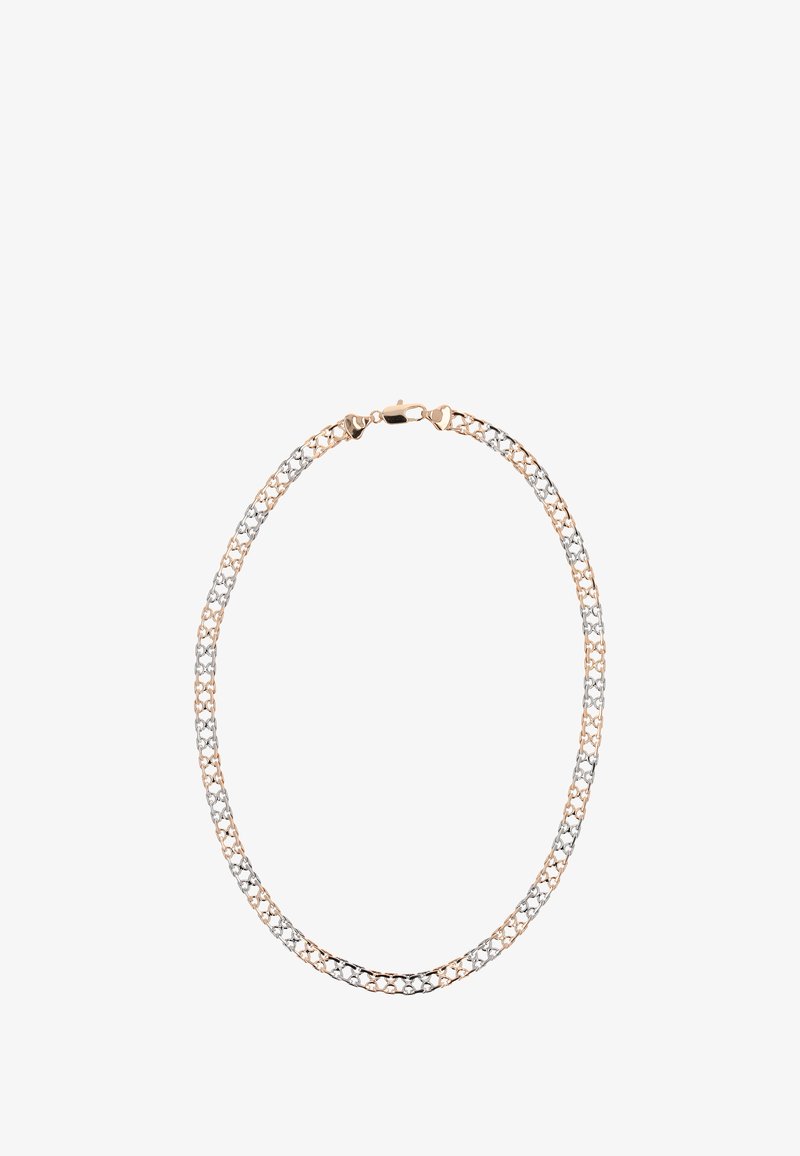 Metal halskæde med skiftende rosaguld- og sølvled, med en glat overflade og en sikker lukning.