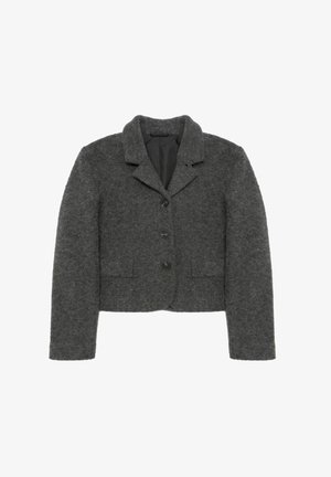 Grau croppte Jacke aus strukturiertem Wollstoff, mit Reverskragen, vier Knöpfen und zwei vorderen Taschen. Glatte Innenauskleidung.