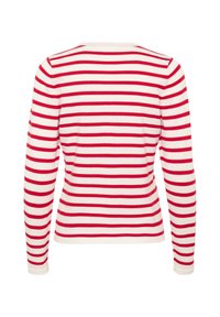 Haut à manches longues rayé rouge et blanc, doté d'un col rond et d'une texture côtelée, avec des rayures uniformément réparties sur l'ensemble du vêtement.