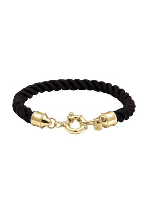 Schwarzes gedrehtes Seilarmband mit goldfarbenen Metallkappen und rundem Federverschluss, mit kleinem rechteckigem Anhänger.