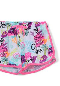 Costume da bagno colorati con un vivace motivo graffiti in rosa, viola e verde acqua. Realizzati in tessuto leggero con una coulisse rosa.