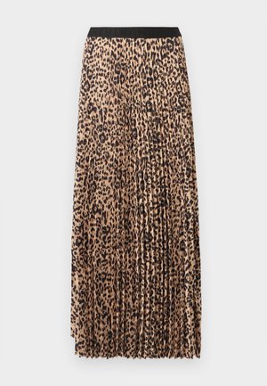 Bodenlange, plissierte Rock in Beige mit einem schwarzen Leopardenmuster, ausgestattet mit einem schwarzen elastischen Bund und einem leichten, strukturierten Stoff.