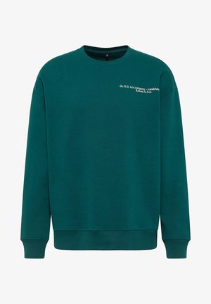 Dunkelgrünes Sweatshirt mit Rundhalsausschnitt und dem Text „the H.D. Lee company — established Kansas U.S.A.“ auf der oberen linken Brust.