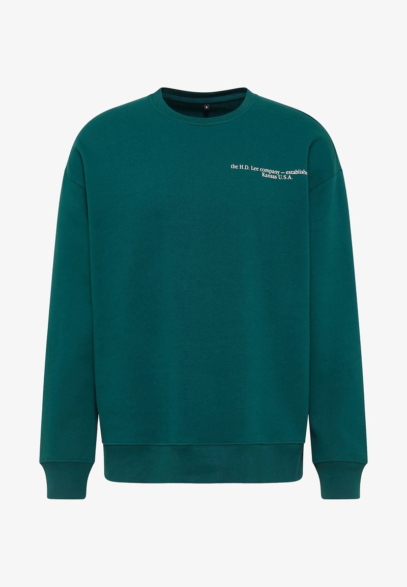 Sweat-shirt vert foncé à col rond avec le texte "the H.D. Lee company — established Kansas U.S.A." sur le haut gauche de la poitrine.