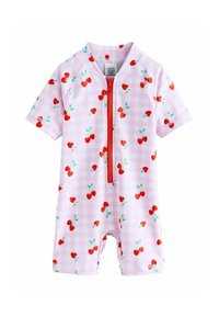 Romper rosa a maniche corte con zipper frontale e stampa di ciliegie su sfondo a scacchi. Realizzato in tessuto morbido e leggero.