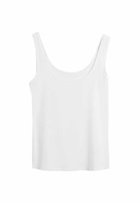 Débardeur blanc sans manches avec un col rond. Fabriqué en tissu doux, présentant une texture lisse et un ourlet droit.