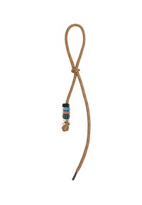 Cordon tressé marron avec une boucle, agrémenté de cinq perles décoratives en noir, teal, rose, vert et or près du nœud à l'extrémité.