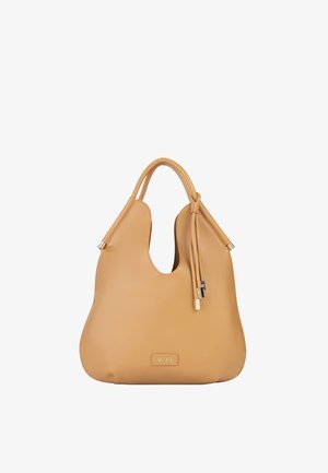 Sac à main en cuir fauve avec double poignée, pompons décoratifs et une petite plaque métallique avec le logo "V°73" sur le devant.