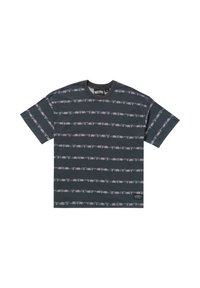 Gray short-sleeve t-shirt made of cotton, featuring horizontal floral stripes in pink and green, with a round neckline and logo detail.