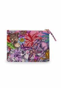 Roze pouch met bloemmotief, featuring een panter en olifant ontwerp. Gemaakt van stof met een ritsluiting en polsband, met multitkleurige accenten.