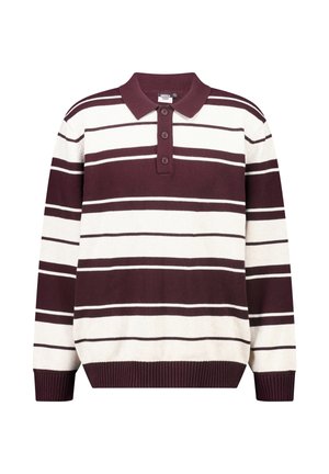 Maroon en crèmekleurig gestreepte gebreide polo trui, met een geribbelde kraag en manchetten, drie knoopsluitingen en een ontspannen pasvorm.