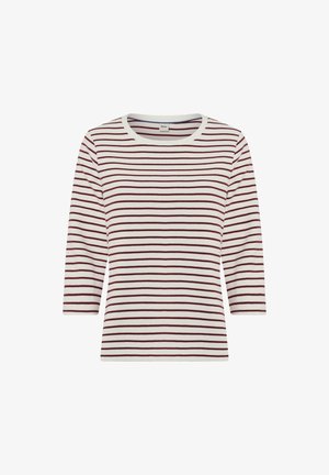 Red and white striped long-sleeve top with a round neckline, made from soft fabric; features even horizontal stripes and a relaxed fit.