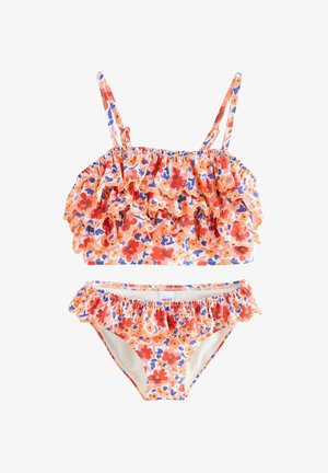 Kaksiosainen uima-asu, joka sisältää röyhelöisen lyhyen topin ja yhteensopivat alushousut. Kukallinen kuvio oranssissa, punaisessa ja sinisessä vaalealla taustalla.