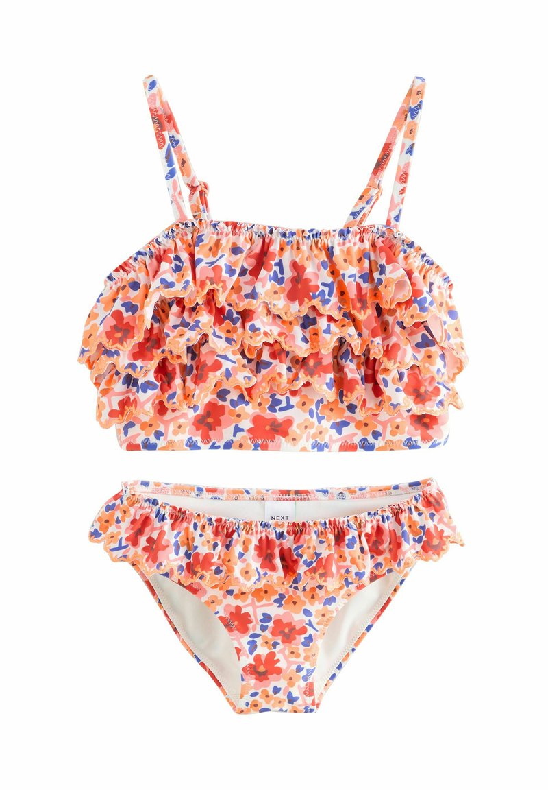 Kétrészes fürdőruha, fodros crop toppal és passzoló alsóval. Virágmintázat narancssárgában, pirosban és kékszínben, világos háttéren.